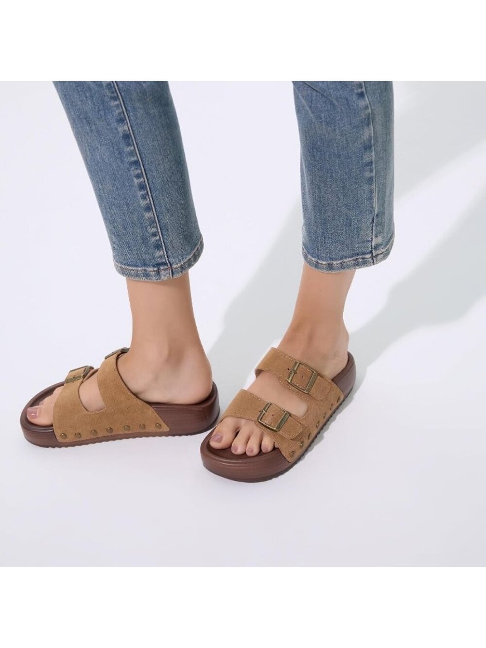 Women's Slides Platform B Caramel Genuine Leather Arch Support Buckle Sandals - Picture 6 of 6